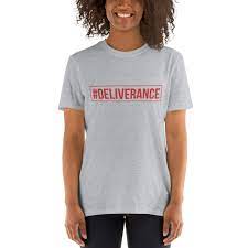 A woman wearing a t-shirt that says deliverance.