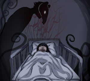 A child in bed with an evil looking monster behind them.