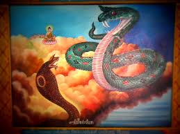 A painting of two snakes and a buddha.