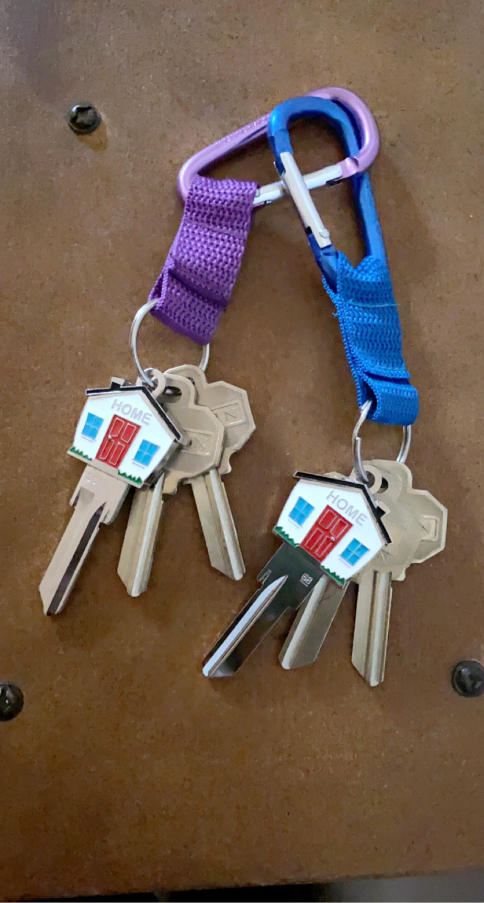 A couple of keys that are hanging from a key holder.