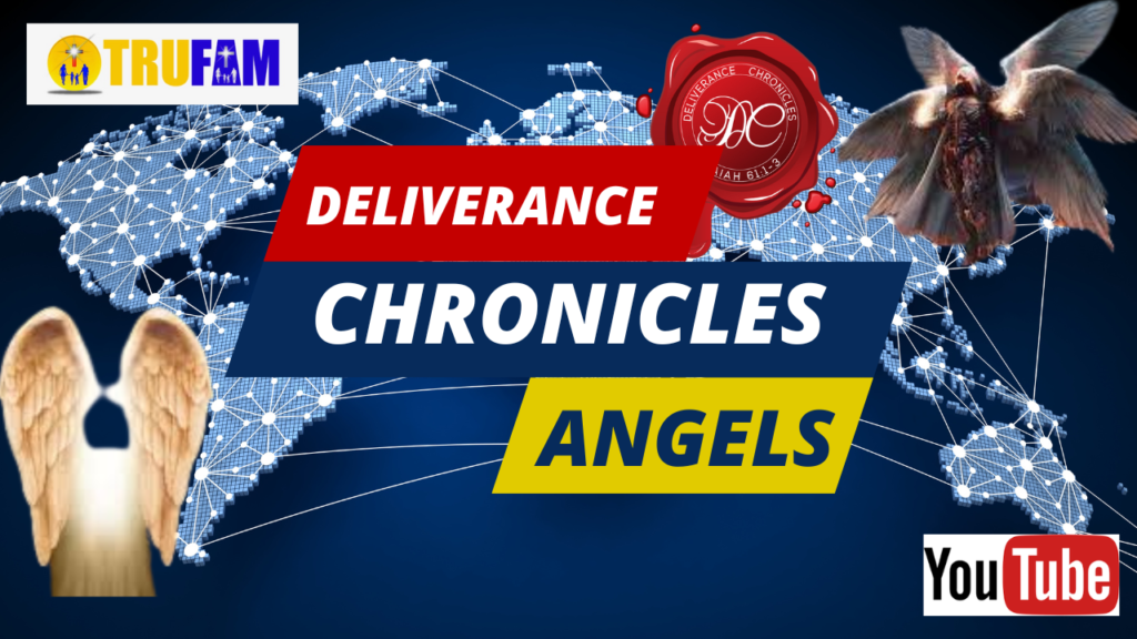 A blue and yellow map with the words deliverance chronicles angels