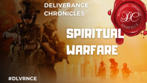 A banner with the words " spiritual warfare " in front of it.