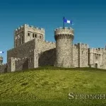 A castle with two towers and a flag on top.