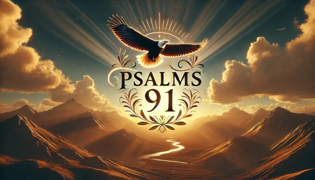 DALL·E 2024-11-24 18.04.00 - A visually captivating thumbnail for Psalms 91, featuring a serene landscape with a golden sunrise over mountains and a majestic eagle soaring in the