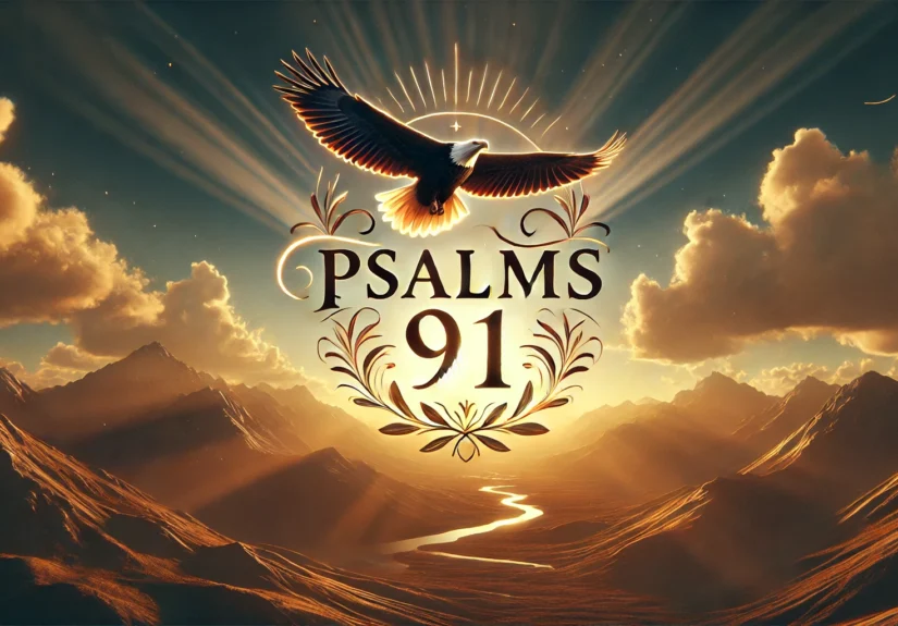 DALL·E 2024-11-24 18.04.00 - A visually captivating thumbnail for Psalms 91, featuring a serene landscape with a golden sunrise over mountains and a majestic eagle soaring in the