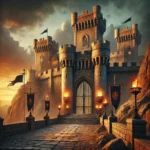 DALL·E 2025-01-30 22.57.21 - A medieval stronghold atop a rocky hill, surrounded by towering stone walls and fortified towers. The fortress has a grand entrance with an iron gate,