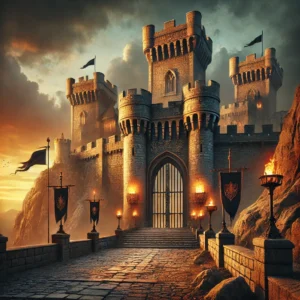 DALL·E 2025-01-30 22.57.21 - A medieval stronghold atop a rocky hill, surrounded by towering stone walls and fortified towers. The fortress has a grand entrance with an iron gate,