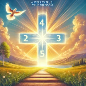 DALL·E 2025-02-13 22.56.32 - A serene and inspiring Christian-themed image illustrating '4 Steps to True Freedom in Christ.' The image features a radiant cross shining over a peac